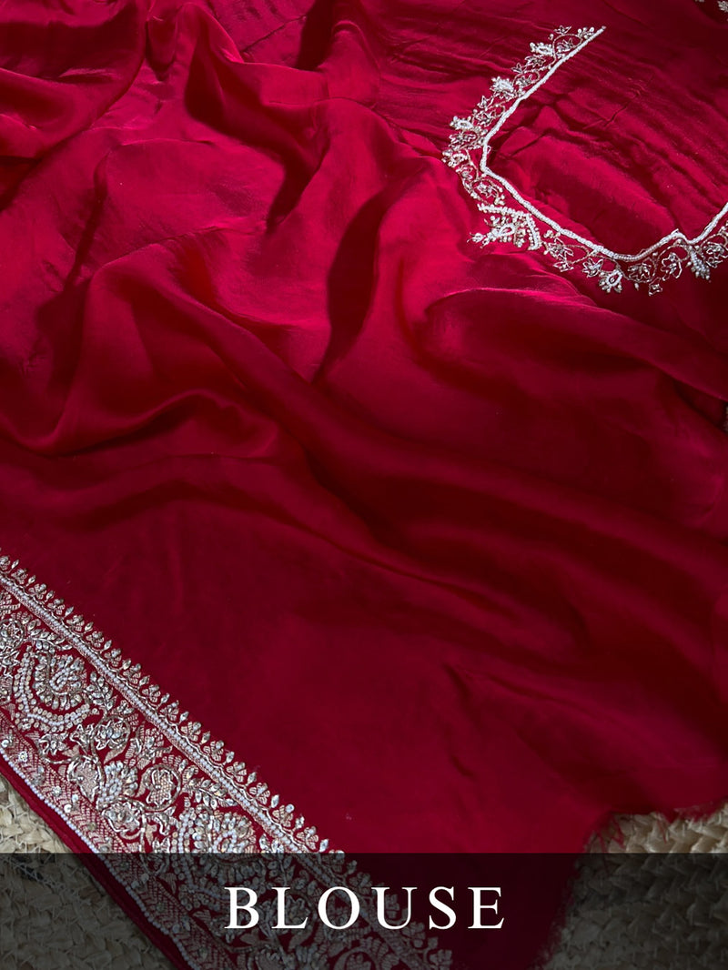 Calcutta Red Zardozi Pearl Handwork Mulberry Banarasi Silk Saree