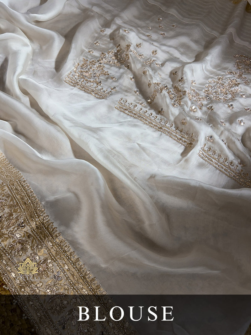 Ivory Special Zardozi Handwork Mulberry Banarasi Silk Saree