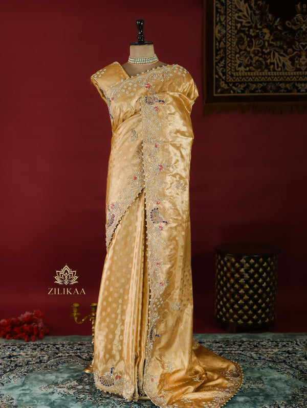 Golden Special Zardozi Hand Embroidery Kanchipuram Tissue Silk Saree