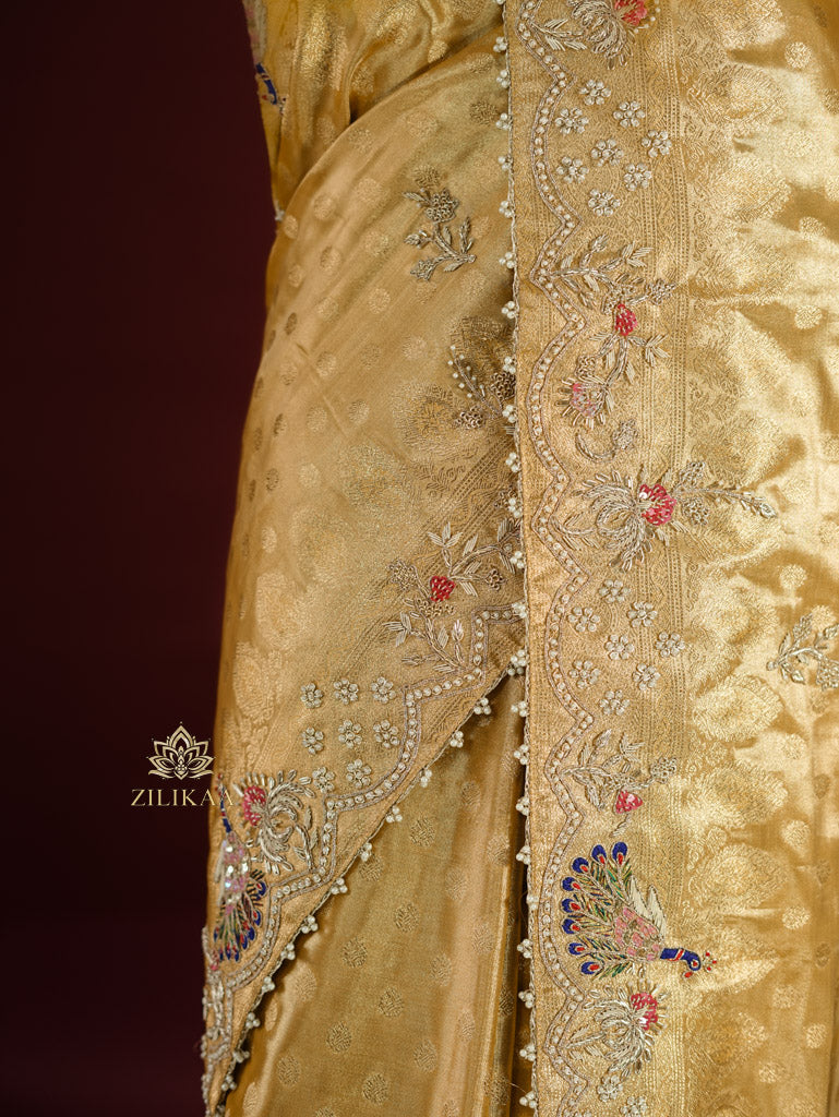 Golden Special Zardozi Hand Embroidery Kanchipuram Tissue Silk Saree