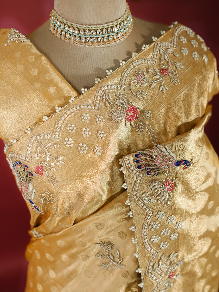 Golden Special Zardozi Hand Embroidery Kanchipuram Tissue Silk Saree