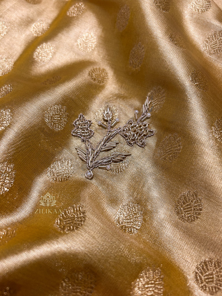 Golden Special Zardozi Hand Embroidery Kanchipuram Tissue Silk Saree