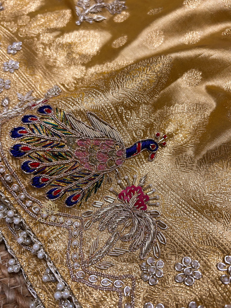 Golden Special Zardozi Hand Embroidery Kanchipuram Tissue Silk Saree