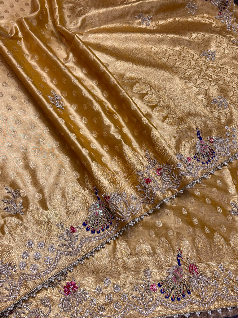 Golden Special Zardozi Hand Embroidery Kanchipuram Tissue Silk Saree