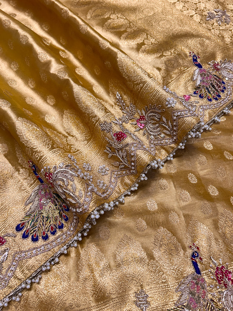 Golden Special Zardozi Hand Embroidery Kanchipuram Tissue Silk Saree