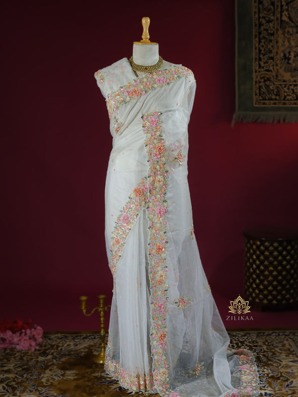 Pearl White Hand embroidery Organza Silk Saree