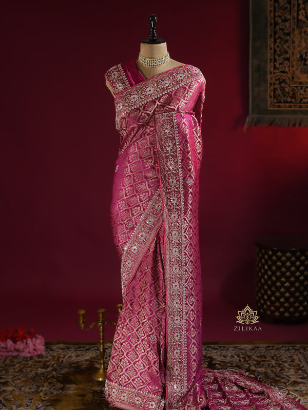Queen Pink Zardozi Handwork Banarasi Silk Saree
