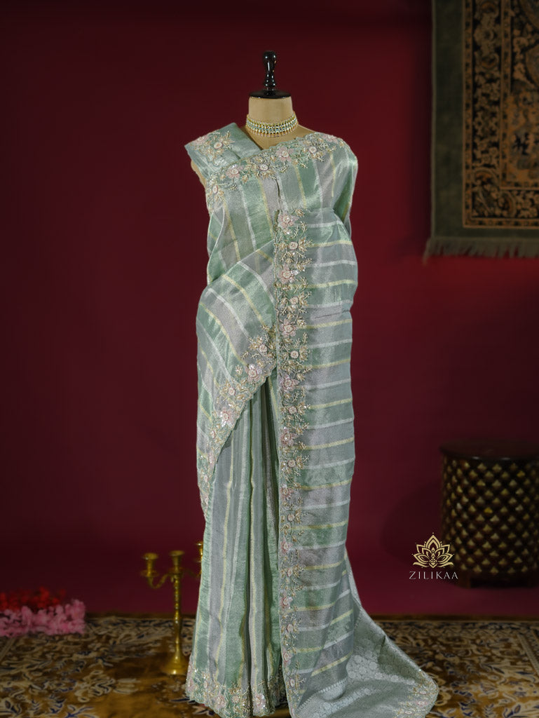 Fern Green Designer Hand Embroidery Rangkat Kanchi Tissue Silk Saree