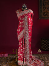 Calcutta Red Meenakari Banarasi Katan Silk Saree with Zardozi Handwork