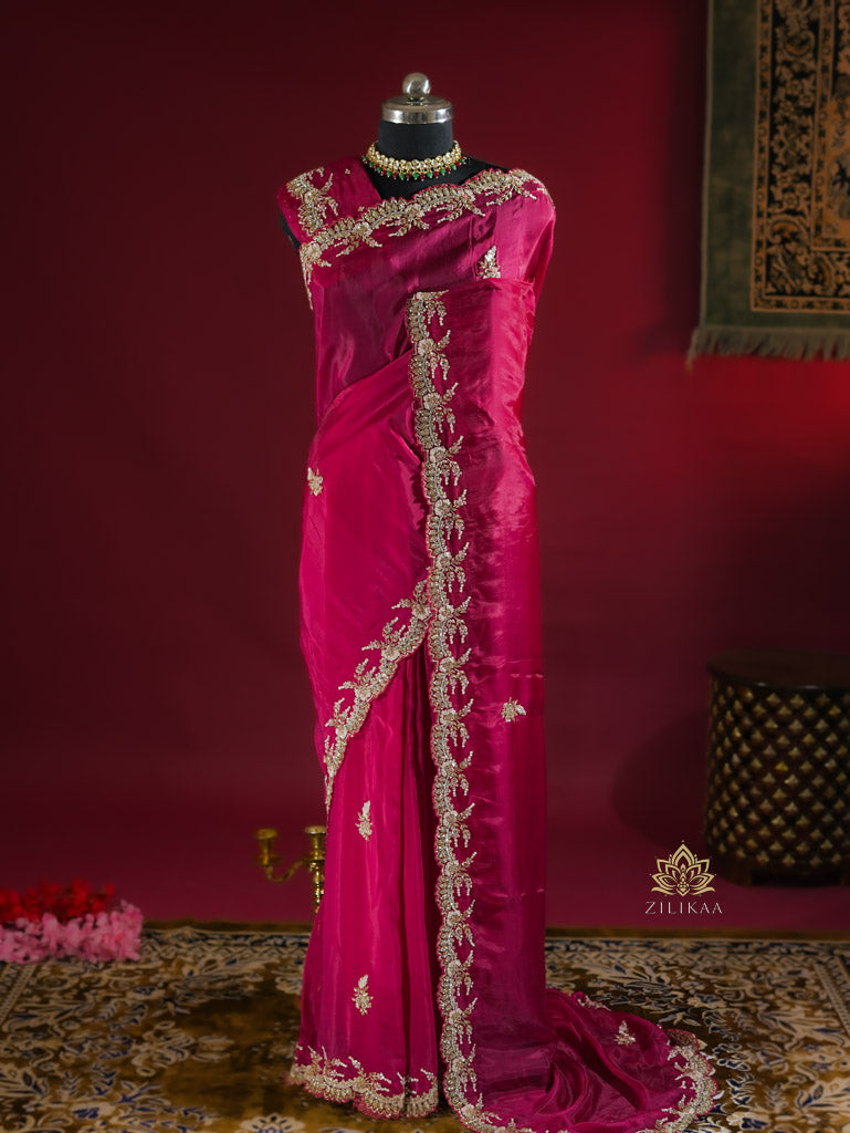 Queen Pink Munga Silk Saree with Designer Handwork