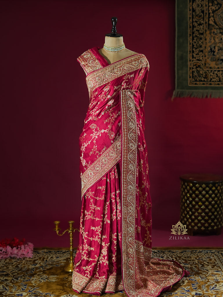 Calcutta Red Zardozi Handwork Mulberry Banarasi Silk Saree