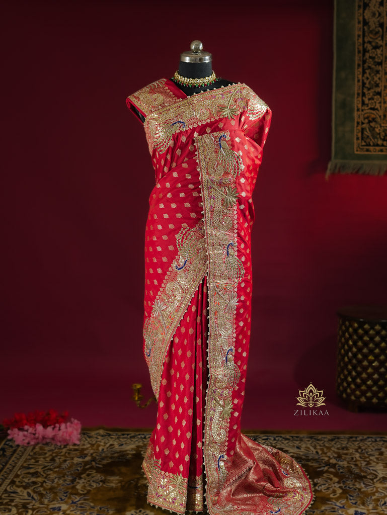 Red Special Banarasi Katan Silk Saree with Gotapatti Zardozi Handwork