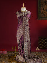 Plum Wine Zardozi Handwork Mulberry Banarasi Silk Saree