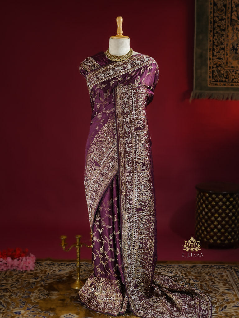 Plum Wine Zardozi Handwork Mulberry Banarasi Silk Saree