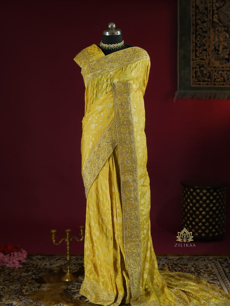Lemon Yellow Zardozi Handwork Zari Tissue Silk Saree