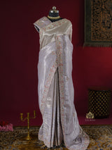 Lilac Purple Designer Hand Embroidery Kanchi Tissue Silk Saree