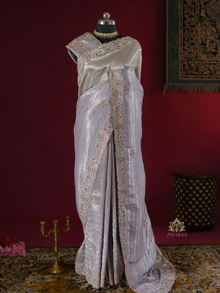 Lilac Purple Designer Hand Embroidery Kanchi Tissue Silk Saree