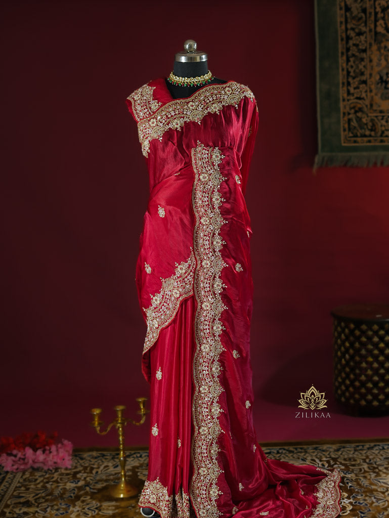 Rose Red Mulberry Silk Saree With Zardozi Scalloped Border