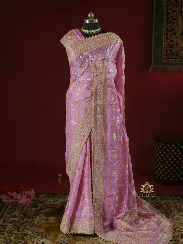 Baby Pink Zardozi Handwork Mulberry Banarasi Silk Saree
