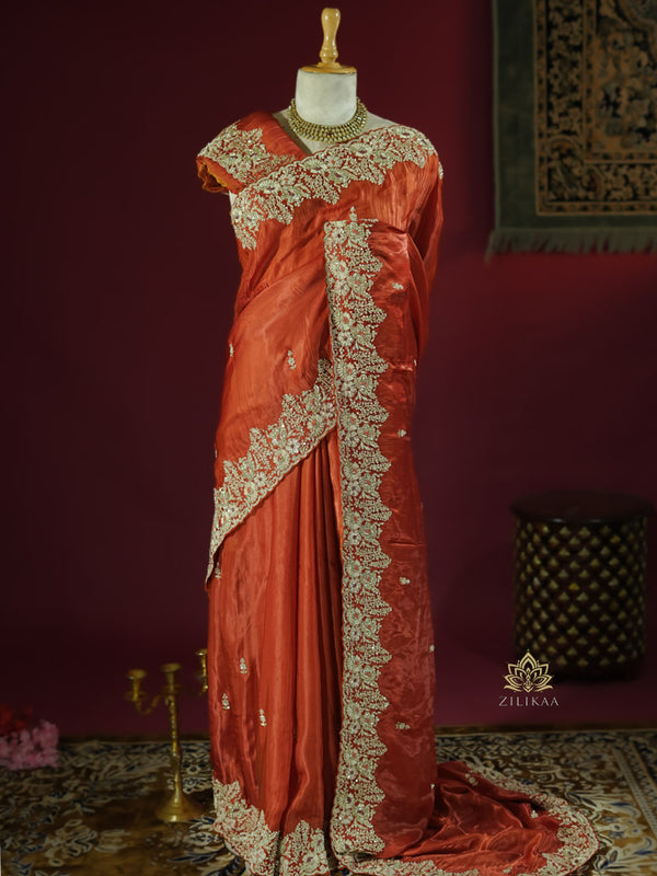 Rust Orange Mulberry Silk Saree With Zardozi Scalloped Border