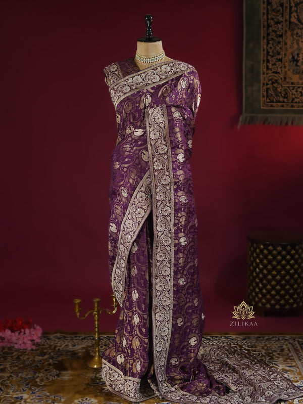 Plum Wine Zardozi Handwork Munga Banarasi Silk Saree