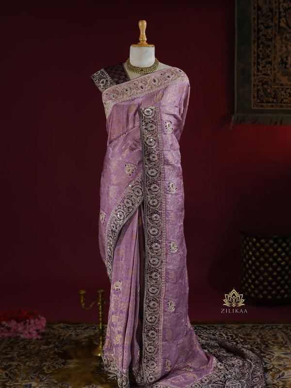 Lavender Purple Zardozi Handwork Munga Banarasi Silk Saree
