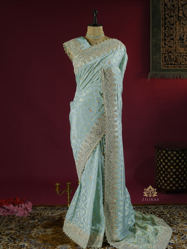 Ocean green Zardozi Handwork Munga Banarasi SIlk Saree