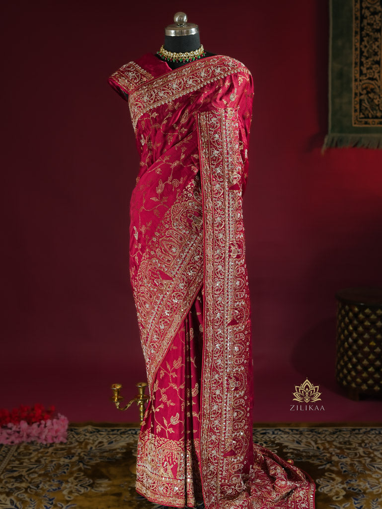 Calcutta Red Zardozi Handwork Mulberry Banarasi Silk Saree
