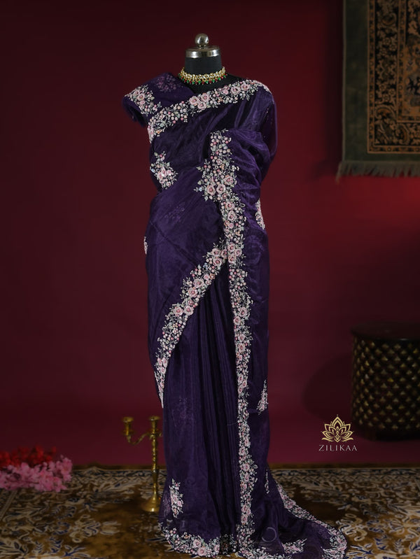 Eggplant Purple Hand Embroidery Organza Silk Saree
