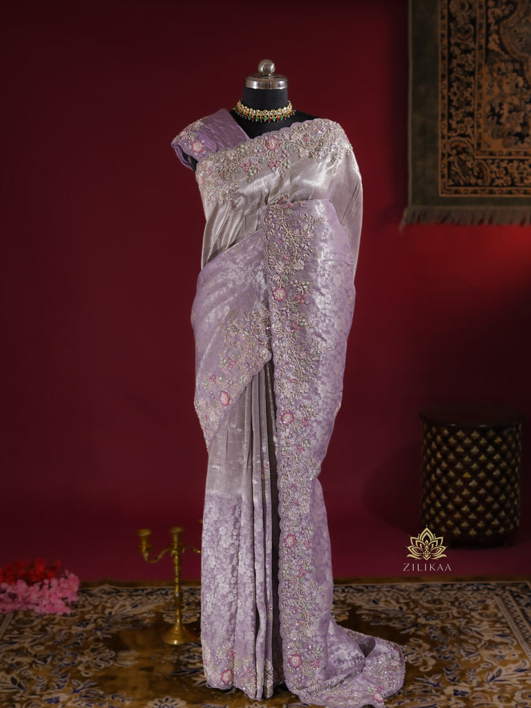 Lilac Purple Designer Hand Embroidery Kanchi Tissue Silk Saree