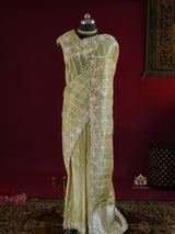 Parrot Green Designer Hand Embroidery Rangkat Kanchi Tissue Silk Saree