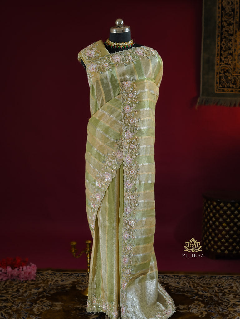 Parrot Green Designer Hand Embroidery Rangkat Kanchi Tissue Silk Saree