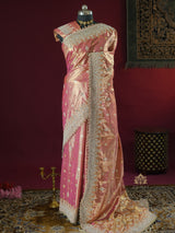 Salmon Pink Zardozi Hand Embroidery Kanchipuram Tissue Silk Saree