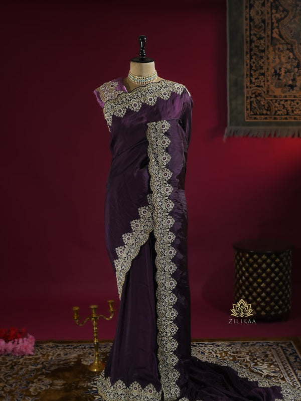 Plum Purple Munga Silk Saree With Zardozi Scalloped Border