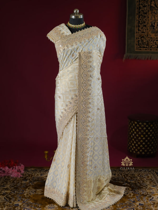 Ivory Special Zardozi Handwork Munga Banarasi Silk Saree