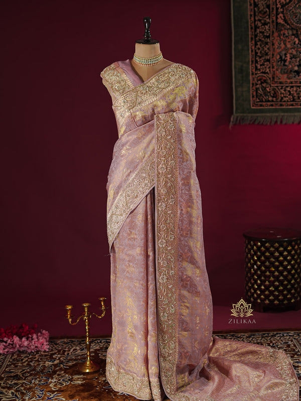 Pastel Pink Zardozi Handwork Kanchi Tissue Silk Saree