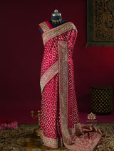 Calcutta Red Zardozi Pearl Handwork Mulberry Banarasi Silk Saree