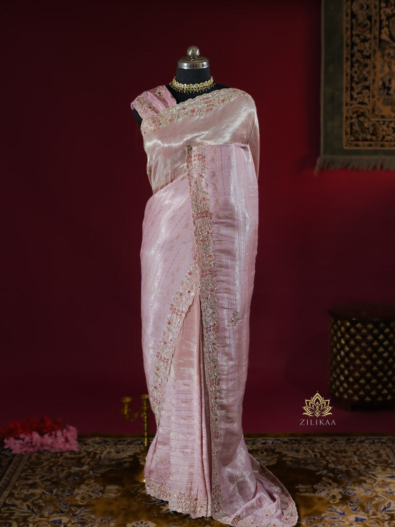 Baby Pink Designer Hand Embroidery Kanchi Tissue Silk Saree