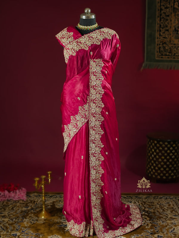 Queen Pink Mulberry Silk Saree With Zardozi Scalloped Border