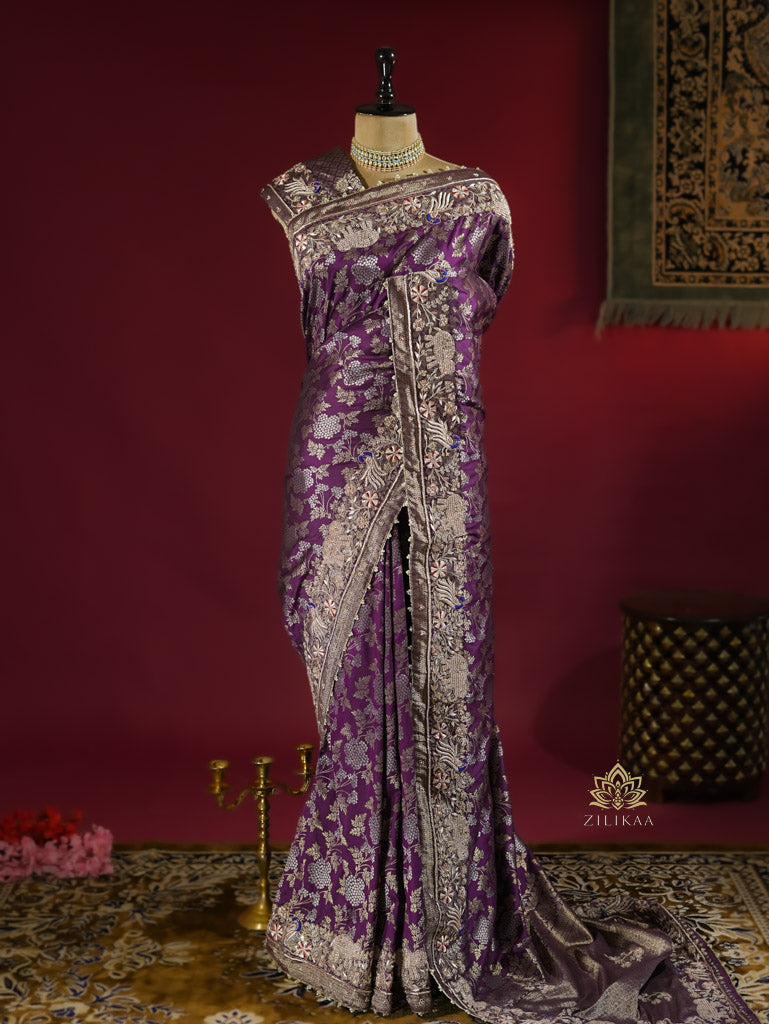 Plum Wine Banarasi Katan Silk Saree with Zardozi Handwork