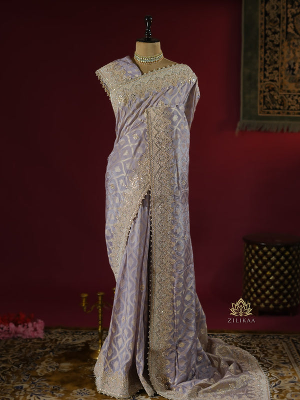 Lilac Purple Zardozi Handwork Munga Banarasi SIlk Saree