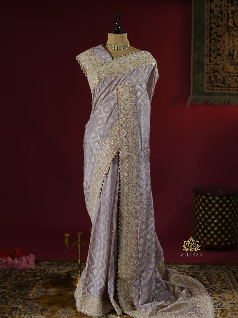 Lilac Purple Zardozi Handwork Munga Banarasi SIlk Saree