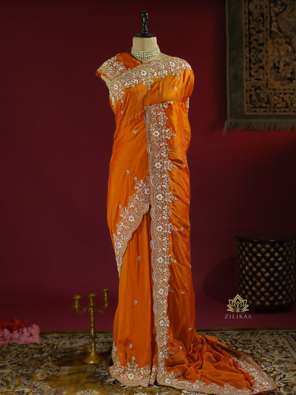 Rust Orange Munga Silk Saree with Designer Zardozi Handwork