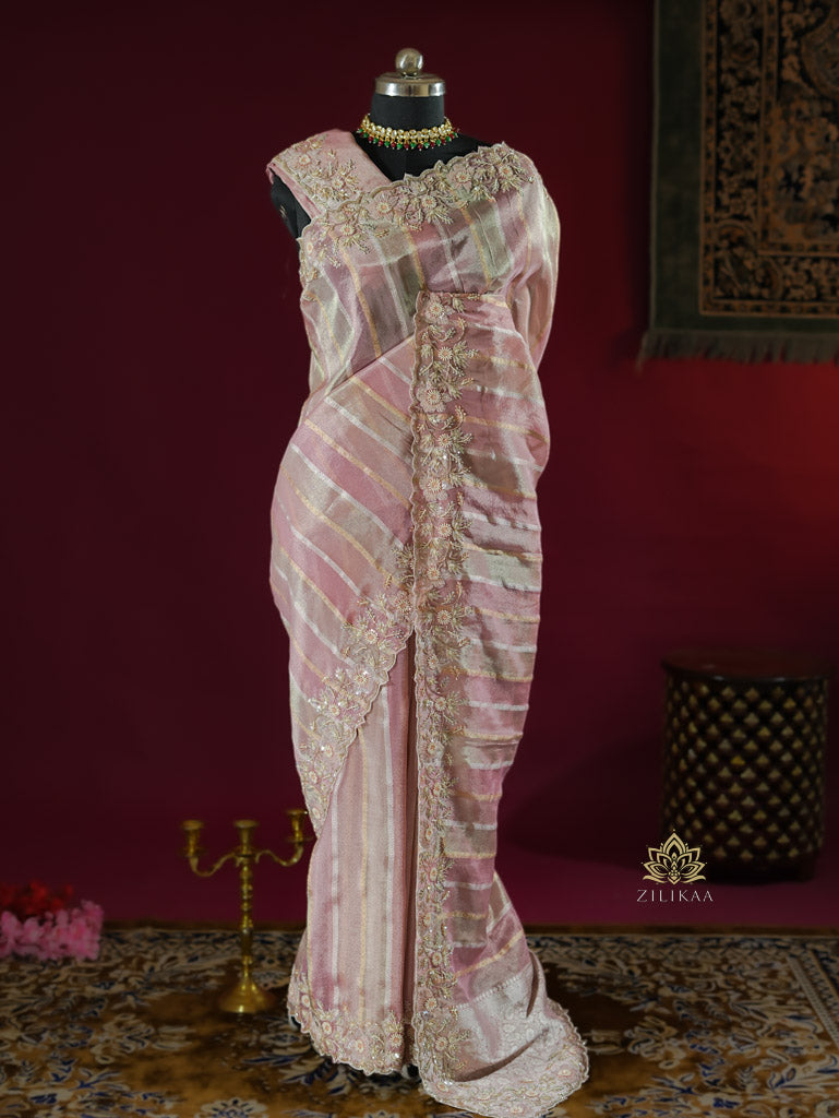 Pastel Pink Designer Hand Embroidery Rangkat Kanchi Tissue Silk Saree