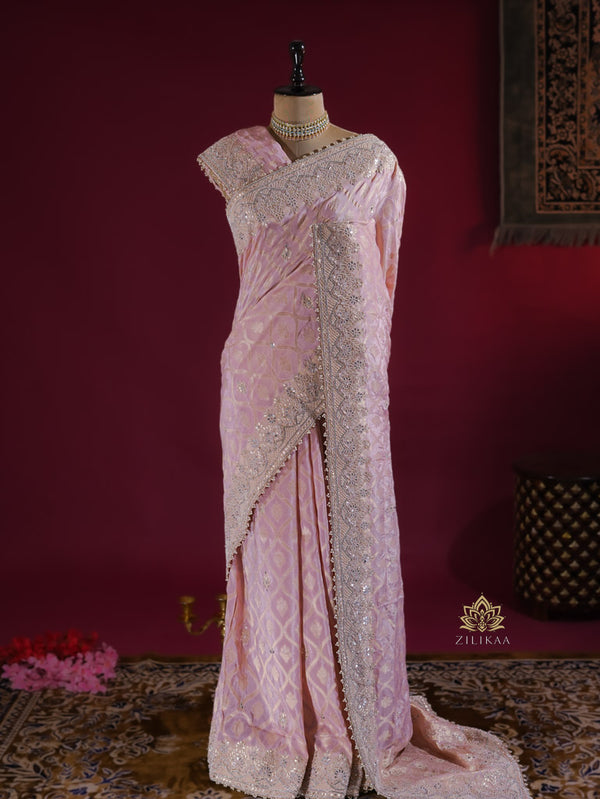 Baby Pink Zardozi Handwork Munga Banarasi SIlk Saree