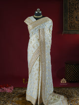 Ivory Special Zardozi Handwork Mulberry Banarasi Silk Saree