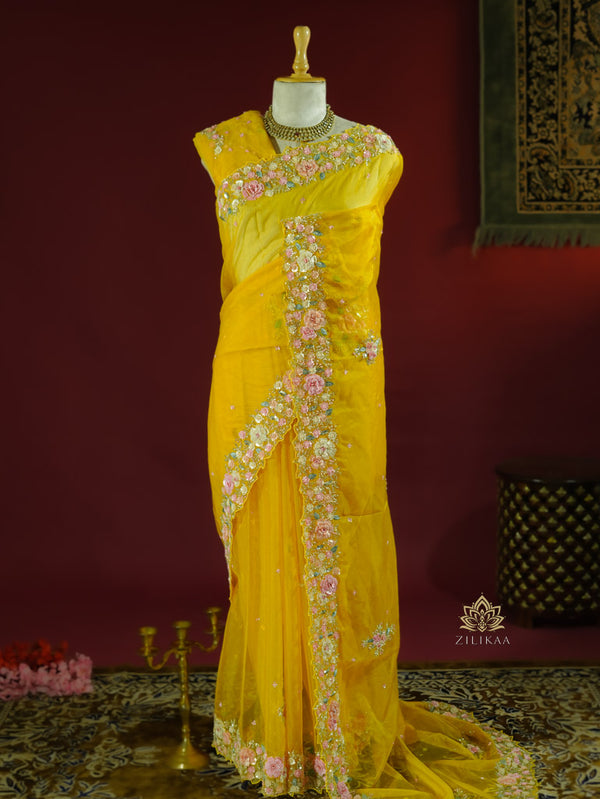 Mustard Golden Hand embroidery Organza Silk Saree