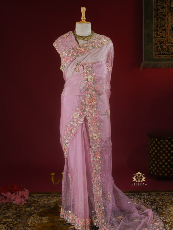 Barbie Pink Hand embroidery Organza Silk Saree