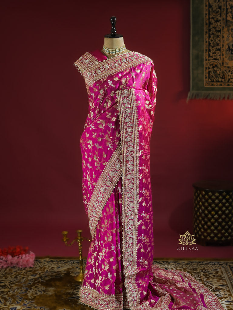 Queen Pink Zardozi Handwork Mulberry Banarasi Silk Saree