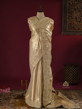 Ivory Gold Zardozi Hand Embroidery Kanchipuram Tissue Silk Saree